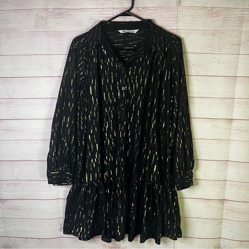 Zara Black Gold Metallic Thread Long Sleeve Baby Doll Shirt Collard Dress Med